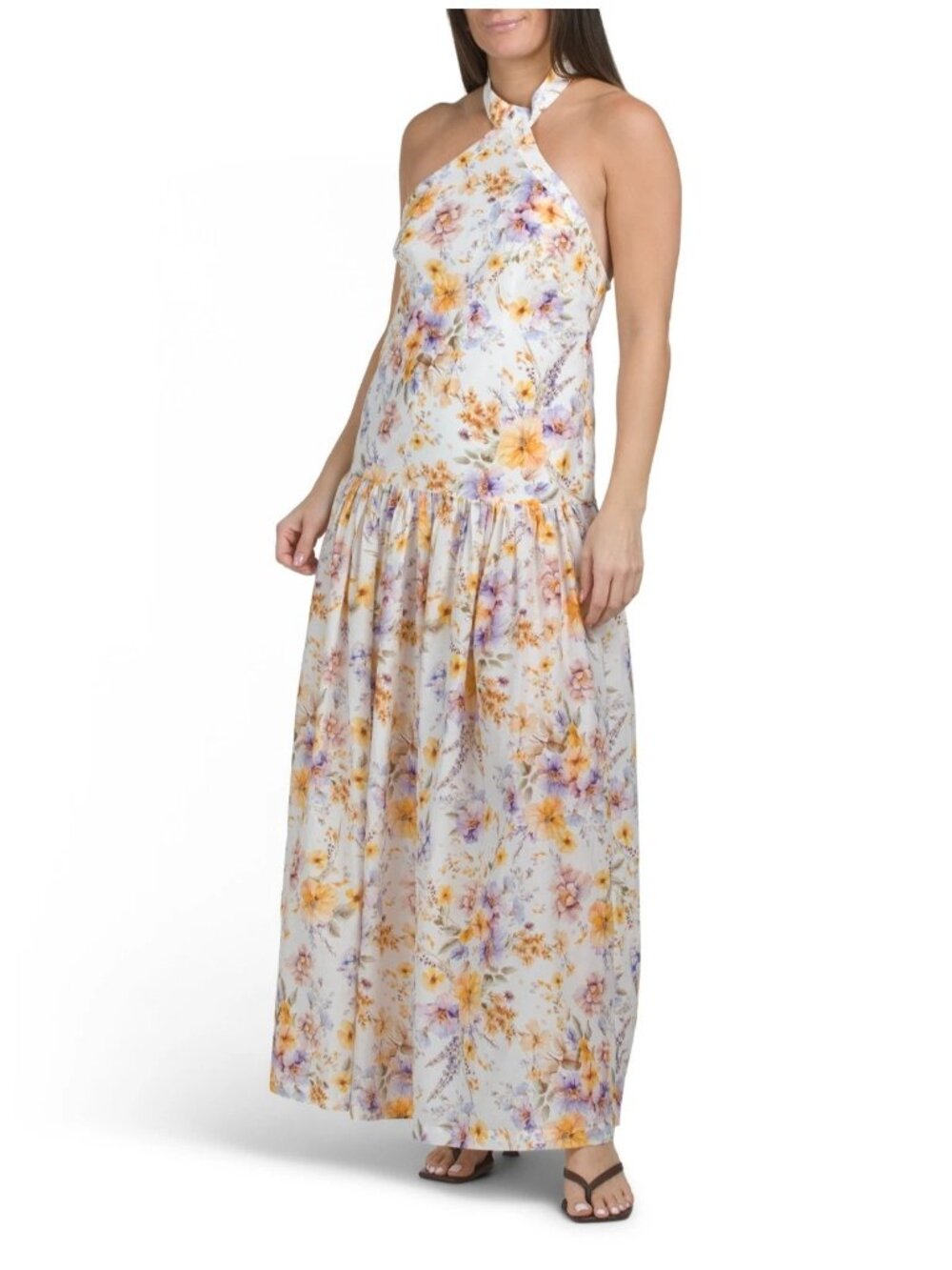 NWT $450 Aqua Blu Lilas Tie Halter Floral Maxi Dress Yellow Multi Size Large